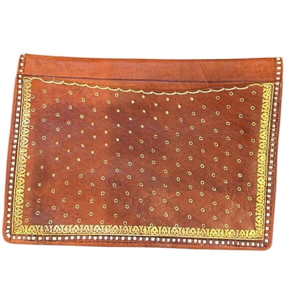 Clutch envelope Tangerine Orange Soft Leather Gold Stamped Accent White Border - Picture 2 of 7